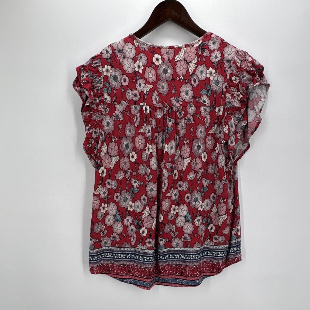 Feelib Womens Red Floral Blouse V-Neck Tie Closure Tasseled Short Sleeve - Picture 2 of 6